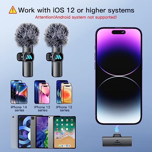 Leettus 2pcs Lavalier Wireless Microphone for iPhone iPad, Wireless Microphone for Video Recording, Game Live Streaming, Interviews, YouTube, TikTok, Vlog