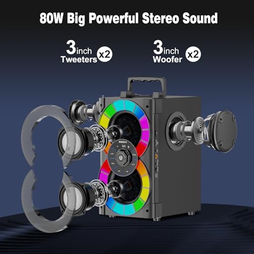 BSZHI Bluetooth Speakers 80W Big Powerful Wireless TWS Loud Portable Outdoor Home Party Speaker with LED Lights, Subwoofer, FM Radio, Remote and Stereo Bass Sound Boombox