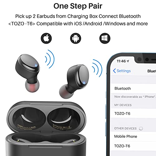 TOZO T6 True Wireless Earbuds Bluetooth 5.3 Headphones Touch Control with Wireless Charging Case IPX8 Waterproof Stereo Earphones in-Ear Built-in Mic Headset Premium Deep Bass Black
