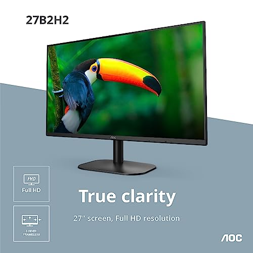 AOC 27B2H2 27” Frameless IPS Monitor, FHD 1920x1080, 100Hz, 101% sRGB, for Home and Office, HDMI and VGA Input, Low Blue Mode, VESA Compatible,Black
