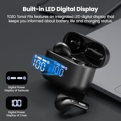 TOZO Tonal Fits T21 Wireless Earbuds, 5.3 Bluetooth Headphone, Sem in Ear with Dual Mic Noise Cancelling, IPX8 Waterproof, 44H Playback Stereo Sound with Power Display Wireless Charging Case Black