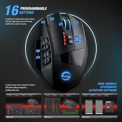 UtechSmart Venus Pro RGB Wireless MMO Gaming Mouse, 16,000 DPI Optical Sensor, 2.4 GHz Transmission Technology, Ergonomic Design, 16M Chroma RGB Lighting, 16 programmable Buttons, Up to 70 Hours