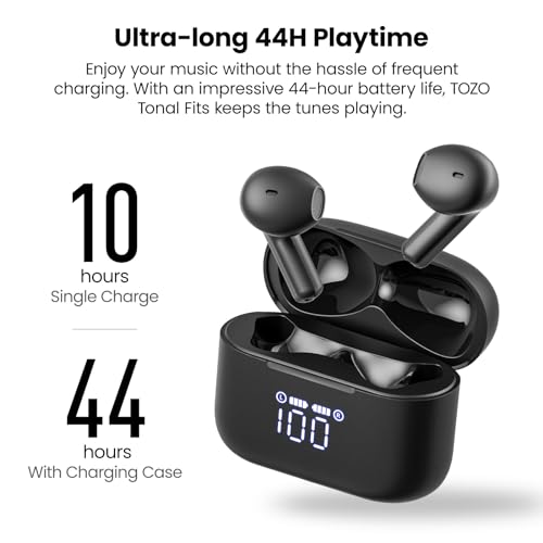 TOZO Tonal Fits T21 Wireless Earbuds, 5.3 Bluetooth Headphone, Sem in Ear with Dual Mic Noise Cancelling, IPX8 Waterproof, 44H Playback Stereo Sound with Power Display Wireless Charging Case Black