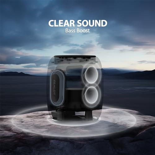 ZEALOT Bluetooth Speakers,360° Surround 75W Portable IP67 Wireless Bass Boost Speakers with Subwoofer,Bluetooth 5.2 Stereo Dual Pairing Speakers,Lights,50H Playtime for Home,Party,Gift (Black)
