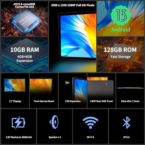 Dewsod Tablet 11 inch 2K Tablet Android 13 with Octa-Core Processor, 10(4+6) GB RAM+128GB ROM(1TB TF), 2000x1200 FHD IPS Display, 5MP+13MP, Split-Screen, 6800mAh, with Widevine L1(Gray with Case)
