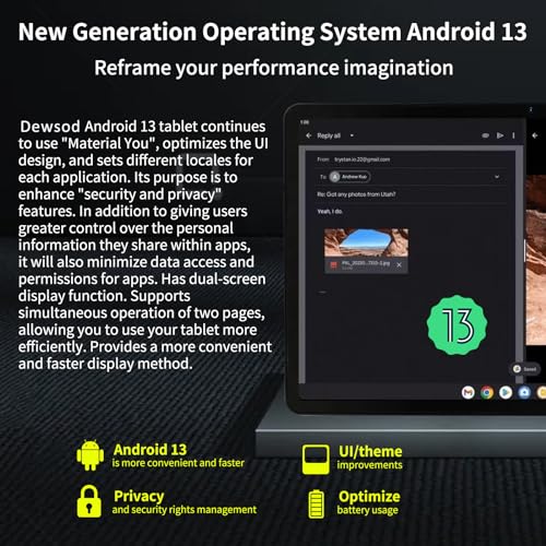 Dewsod Tablet 11 inch 2K Tablet Android 13 with Octa-Core Processor, 10(4+6) GB RAM+128GB ROM(1TB TF), 2000x1200 FHD IPS Display, 5MP+13MP, Split-Screen, 6800mAh, with Widevine L1(Gray with Case)