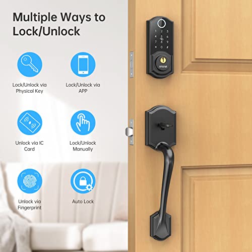Smart Lock Front Door, SMONET Keyless Entry Door Lock with Handle, Smart Front Door Lock Set Fingerprint Smart Deadbolt Bluetooth Electronic Digital Keypad Lock,Auto Lock Work with Alexa,Black