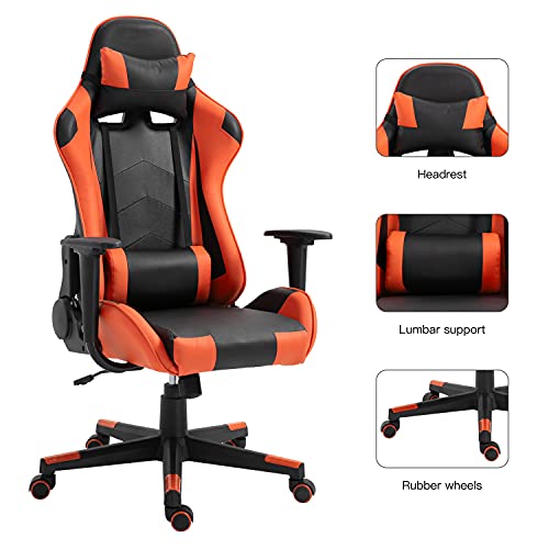 Modern-Depo Gaming Chair with Headrest and Lumbar Support, Height Adjustable Swivel Office Chair High-Back Recliner, Black Orange