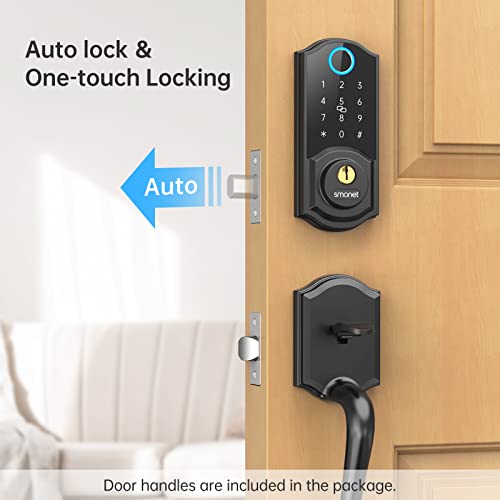 Smart Lock Front Door, SMONET Keyless Entry Door Lock with Handle, Smart Front Door Lock Set Fingerprint Smart Deadbolt Bluetooth Electronic Digital Keypad Lock,Auto Lock Work with Alexa,Black