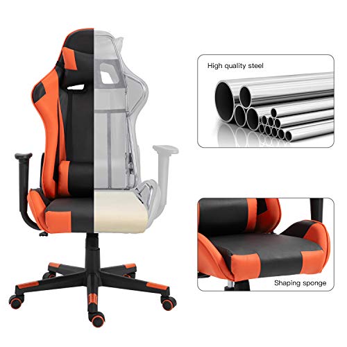 Modern-Depo Gaming Chair with Headrest and Lumbar Support, Height Adjustable Swivel Office Chair High-Back Recliner, Black Orange