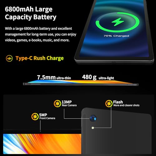 Dewsod Tablet 11 inch 2K Tablet Android 13 with Octa-Core Processor, 10(4+6) GB RAM+128GB ROM(1TB TF), 2000x1200 FHD IPS Display, 5MP+13MP, Split-Screen, 6800mAh, with Widevine L1(Gray with Case)