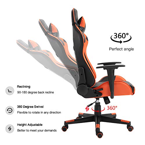 Modern-Depo Gaming Chair with Headrest and Lumbar Support, Height Adjustable Swivel Office Chair High-Back Recliner, Black Orange