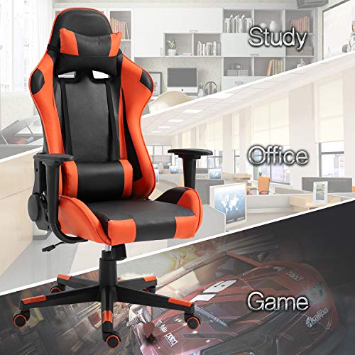 Modern-Depo Gaming Chair with Headrest and Lumbar Support, Height Adjustable Swivel Office Chair High-Back Recliner, Black Orange