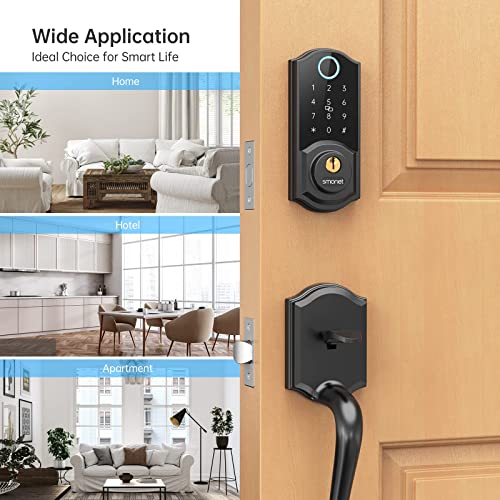 Smart Lock Front Door, SMONET Keyless Entry Door Lock with Handle, Smart Front Door Lock Set Fingerprint Smart Deadbolt Bluetooth Electronic Digital Keypad Lock,Auto Lock Work with Alexa,Black