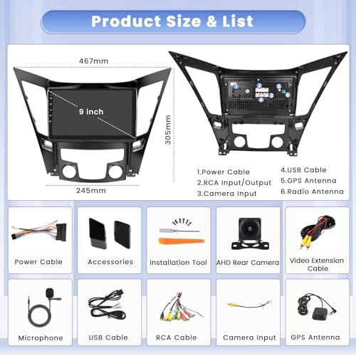 8 Core 6+128GB Android 13 Car Stereo for Hyundai Sonata 2010-2015 with Wireless Apple Carplay, 9 Inch IPS Touchscreen Car Radio 59UI GPS Navigation WiFi 32EQ DSP Backup Camrea