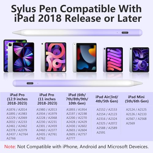 Stylus Pen for iPad 2018-2023, 15mins Fast Charge Apple Pencil for iPad 9th&10th Generation, Apple iPad Pro 11&12.9", iPad 8/7/6th Gen, iPad Air 3rd/4/5th Gen, iPad Mini 5/6th Gen (Purple White)