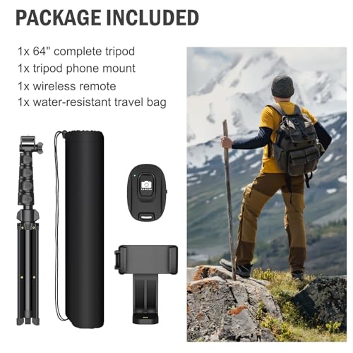 Liphisy 64” Tripod for Cell Phone & Camera, Phone Tripod with Remote and Phone Holder, Portable Tripod for iPhone, Phone Tripod for Video Recording, Cell Phone Tripod Mount Stand for Cellphone
