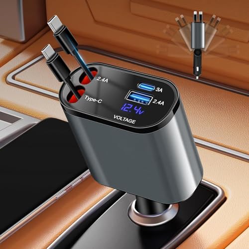 Retractable Car Charger 4 in 1 Fast Charging 100W Car Phone Charger,Retractable Cables (80cm) with Dual Type-C Charging Ports,USB C Ports Car Adapter Compatible with iPhone Series,Tablets,Laptop