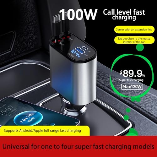 Retractable Car Charger 4 in 1 Fast Charging 100W Car Phone Charger,Retractable Cables (80cm) with Dual Type-C Charging Ports,USB C Ports Car Adapter Compatible with iPhone Series,Tablets,Laptop