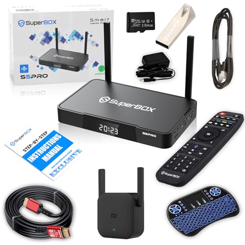 (Latest) 2024 S5 PRO Bundle TV Box: 8K HDMI Cable, 64GB Card, 64GB USB, WiFi Extender, Backlit Keyboard, Voice Remote, (Easy Setup Guide by Seller, CA Support), Android 12, 4GB RAM, 32GB Storage
