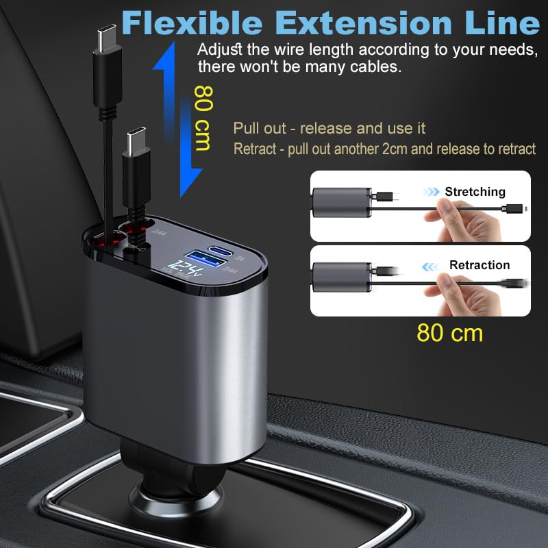 Retractable Car Charger 4 in 1 Fast Charging 100W Car Phone Charger,Retractable Cables (80cm) with Dual Type-C Charging Ports,USB C Ports Car Adapter Compatible with iPhone Series,Tablets,Laptop