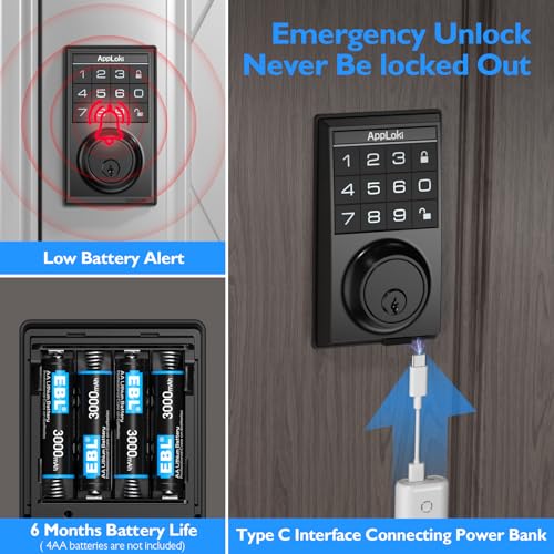 AppLoki Smart Lock, Electronic Keypad Deadbolt Keyless Entry Door Lock with Auto-Lock, 100 User Codes, Anti-Peeping Password, Easy to Install and Program, Keypad Lock for Home Bedroom