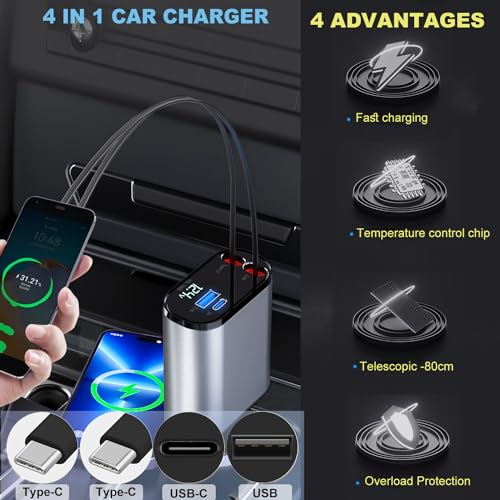 Retractable Car Charger 4 in 1 Fast Charging 100W Car Phone Charger,Retractable Cables (80cm) with Dual Type-C Charging Ports,USB C Ports Car Adapter Compatible with iPhone Series,Tablets,Laptop