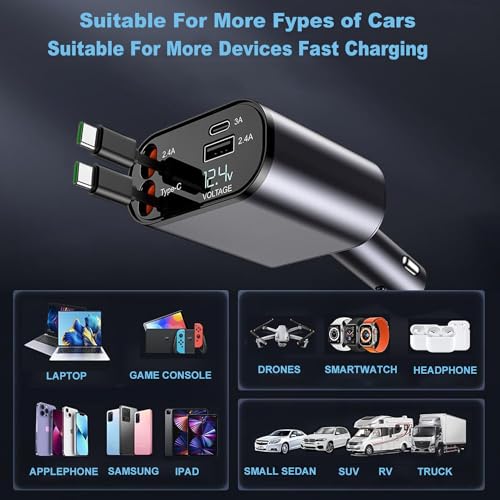 Retractable Car Charger 4 in 1 Fast Charging 100W Car Phone Charger,Retractable Cables (80cm) with Dual Type-C Charging Ports,USB C Ports Car Adapter Compatible with iPhone Series,Tablets,Laptop