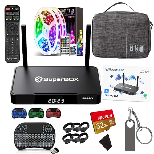 2024 Newest Super TV Box S-5 PRO Bundle 2024 with Travel Case, RGB Light Strip, 1 Voice & 1 Keyboard Remote, Cleaning Kit, 64GB USB Flash Drive, 32GB Tf Card, 6X Cable Management Ties & Instructions