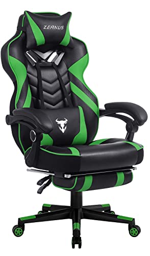 Zeanus Green Gaming Chair High Back Gamer Chair with Footrest Recliner Computer Chair with Massage Big and Tall Chair for Gaming Ergonomics Game Chair for Adults Racing Gaming Chair for Teens