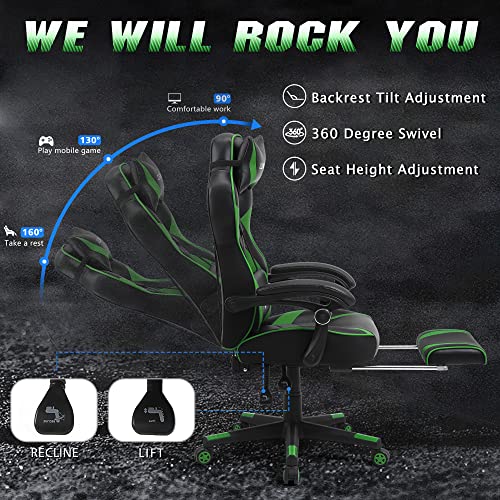 Zeanus Green Gaming Chair High Back Gamer Chair with Footrest Recliner Computer Chair with Massage Big and Tall Chair for Gaming Ergonomics Game Chair for Adults Racing Gaming Chair for Teens
