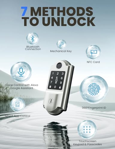 Smart Lock, 7-in-1 Keyless Entry Door Lock, Fingerprint Door Lock with Touchscreen Keypad, Built-in WiFi Deadbolt, Smart Door Lock with Bluetooth, Biometric Door Lock, App Remote Control (Zinc Alloy)