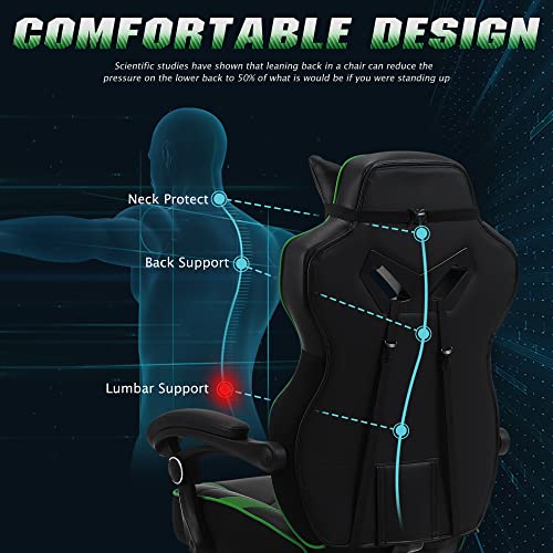 Zeanus Green Gaming Chair High Back Gamer Chair with Footrest Recliner Computer Chair with Massage Big and Tall Chair for Gaming Ergonomics Game Chair for Adults Racing Gaming Chair for Teens