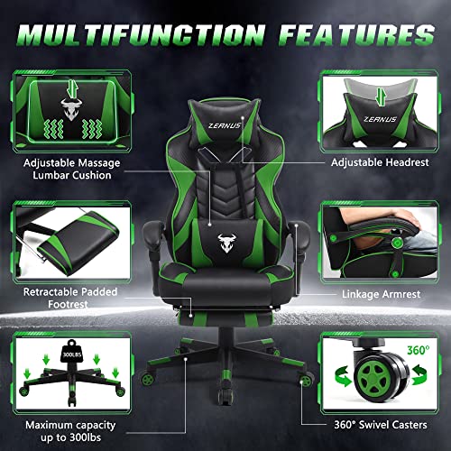 Zeanus Green Gaming Chair High Back Gamer Chair with Footrest Recliner Computer Chair with Massage Big and Tall Chair for Gaming Ergonomics Game Chair for Adults Racing Gaming Chair for Teens