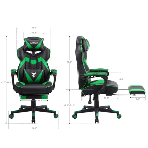 Zeanus Green Gaming Chair Ergonomic Computer for Adults Massage Game Chair with Footrest Reclining Gamer Chair Big and Tall Gaming Chair Racing Style Lumbar Support Office Chair for Heavy People