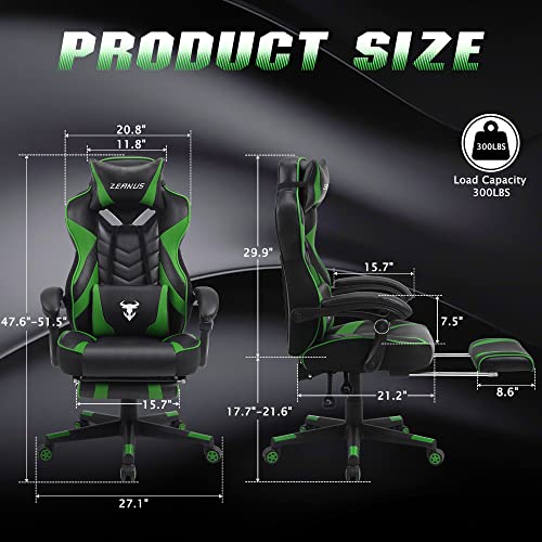 Zeanus Green Gaming Chair High Back Gamer Chair with Footrest Recliner Computer Chair with Massage Big and Tall Chair for Gaming Ergonomics Game Chair for Adults Racing Gaming Chair for Teens