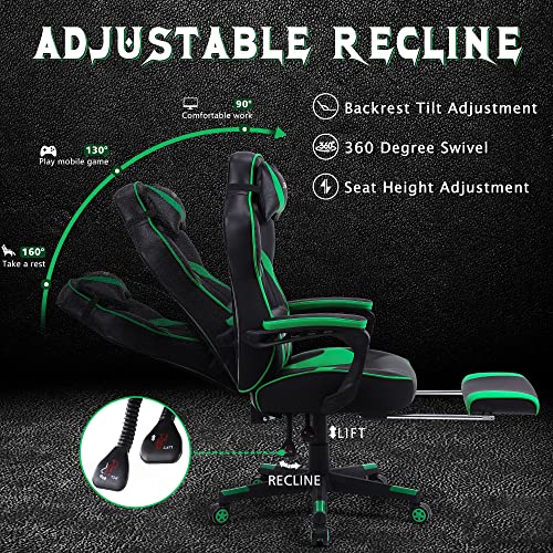 Zeanus Green Gaming Chair Ergonomic Computer for Adults Massage Game Chair with Footrest Reclining Gamer Chair Big and Tall Gaming Chair Racing Style Lumbar Support Office Chair for Heavy People