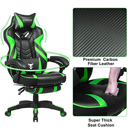 Zeanus Green Gaming Chair High Back Gamer Chair with Footrest Recliner Computer Chair with Massage Big and Tall Chair for Gaming Ergonomics Game Chair for Adults Racing Gaming Chair for Teens