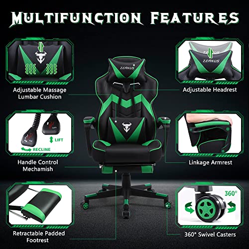Zeanus Green Gaming Chair Ergonomic Computer for Adults Massage Game Chair with Footrest Reclining Gamer Chair Big and Tall Gaming Chair Racing Style Lumbar Support Office Chair for Heavy People