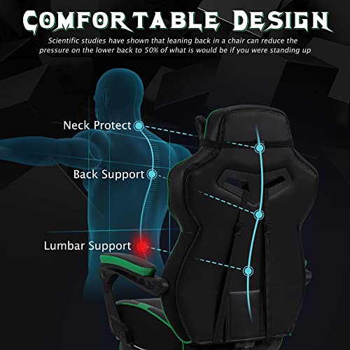 Zeanus Green Gaming Chair Ergonomic Computer for Adults Massage Game Chair with Footrest Reclining Gamer Chair Big and Tall Gaming Chair Racing Style Lumbar Support Office Chair for Heavy People