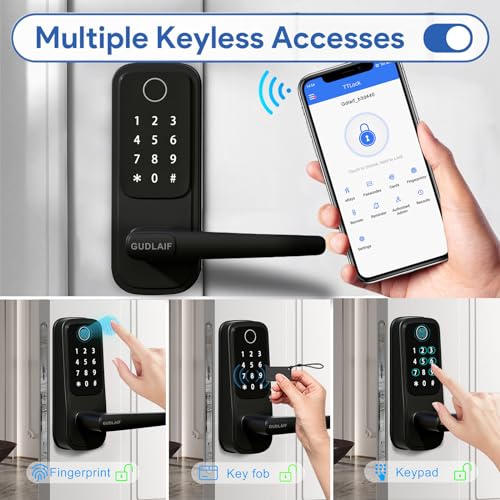 Smart Door Lock,5-in-1 Keyless Entry Door Lock with Handle,Keypad Door Lock Support WiFi & APP Control,Biometric Fingerprint Door Lock Digital Electronic Door Lock for Front Door Hotel Office Home