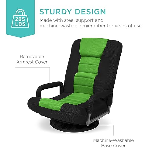 Best Choice Products Swivel Gaming Chair 360 Degree Multipurpose Floor Chair Rocker for TV, Reading, Playing Video Games w/Lumbar Support, Armrest Handles, Adjustable Backrest - Black/Green