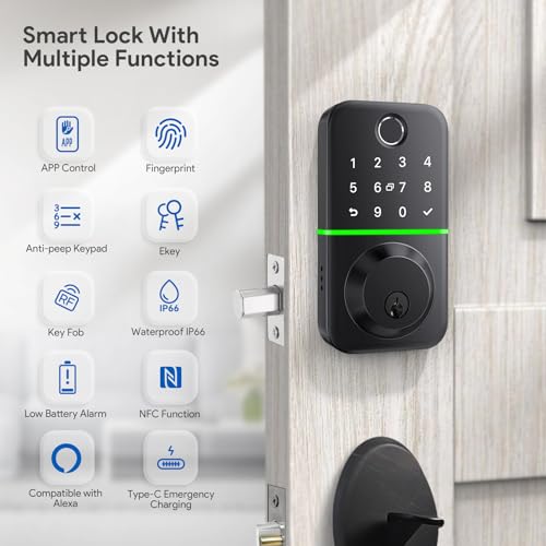 Smart Door Lock Deadbolt with Keypad: Keyless Entry Door Lock - Fingerprint Lock for Front Door - Electronic Lock with Bluetooth and APP Control - Waterproof IP66 for Outdoor