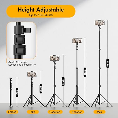 EMARTTripod for iPhone with Remote, Cell Phone Tripod Stand Vertical Selfie Stick, Adjustable 52’’ Tall Portable Travel tri pod for Smartphone Camera gopro