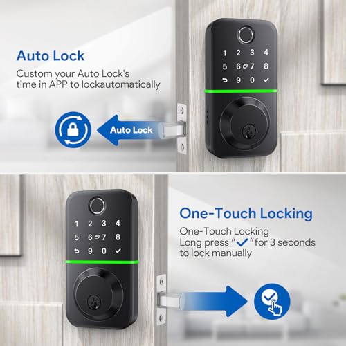 Smart Door Lock Deadbolt with Keypad: Keyless Entry Door Lock - Fingerprint Lock for Front Door - Electronic Lock with Bluetooth and APP Control - Waterproof IP66 for Outdoor