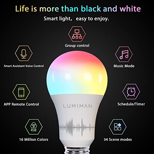 LUMIMAN Smart Light Bulbs, Alexa Light Bulb, WiFi Full Color Changing Light Bulb, Music Sync, Warm to Cool White Smart Bulb, A19 800LM 7.5W, Works with Alexa Google Home, No Hub Required, 2 Pack