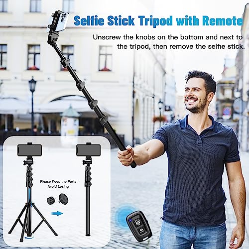 Phone Tripod, 70" Cell Phone Tripod Stand, Selfie Stick Tripod with Remote and Phone Holder, Cell Phone Tripod for Recording/Vlogging/Live Streaming, Compatible with iPhone Android GoPro