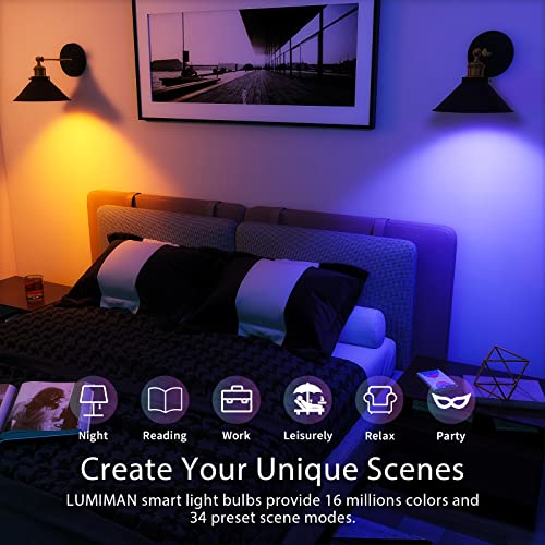 LUMIMAN Smart Light Bulbs, Alexa Light Bulb, WiFi Full Color Changing Light Bulb, Music Sync, Warm to Cool White Smart Bulb, A19 800LM 7.5W, Works with Alexa Google Home, No Hub Required, 2 Pack