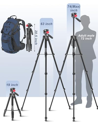 CAMBOFOTO 74"-Camera-Tripod, Porfessional Aluminum Heavy Duty Vlog/Video Recording Tripod Stand with Travel Bag for Mirrorless/DSLR/Phone/Camcorder/Spotting Scopes