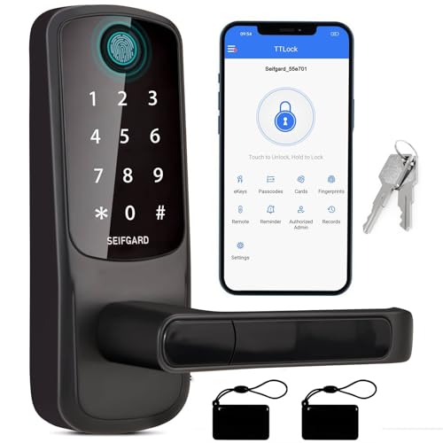 Keyless Entry Door Lock, 5-in-1 Multifunctional Smart Lock, Smart Door Lock, Built-in WiFi Deadbolt, Fingerprint Front Door Lock, Biometric Door Lock with Handle, App Remote Control (Black)